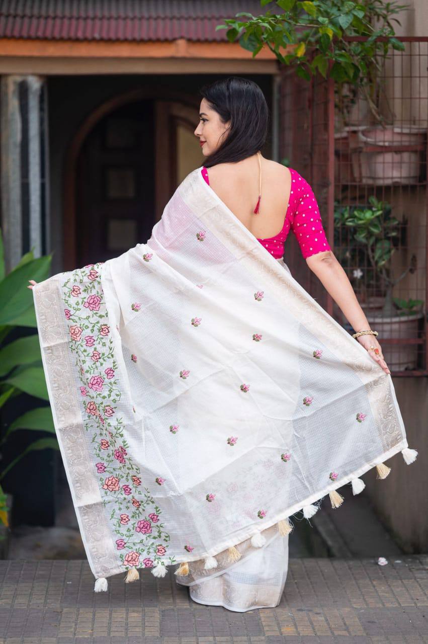 Zari Woven Pattu Border Fancy Kota Embroidery Work Saree with Blouse