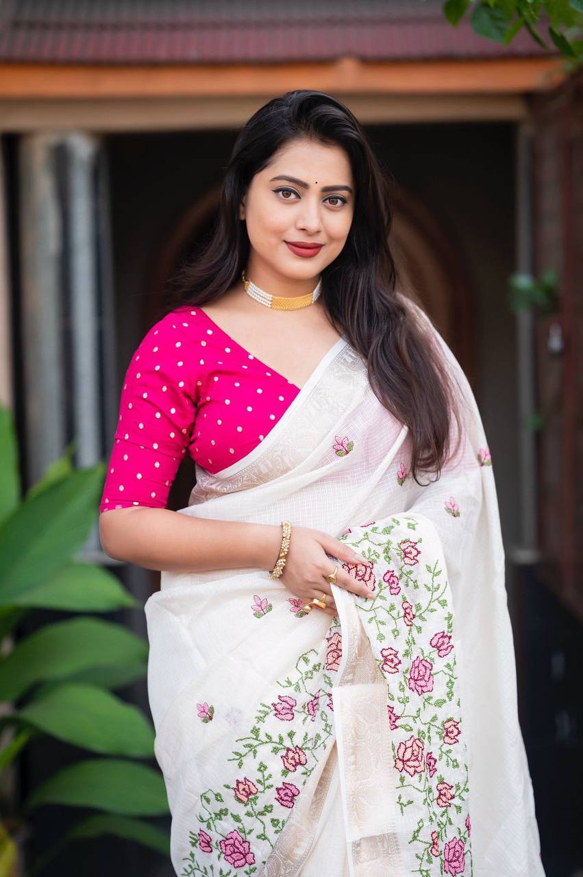 Zari Woven Pattu Border Fancy Kota Embroidery Work Saree with Blouse