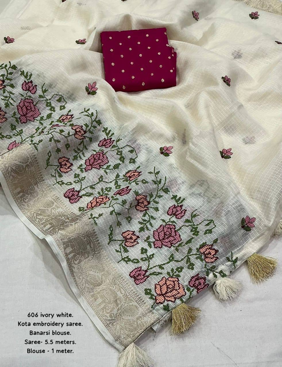 Zari Woven Pattu Border Fancy Kota Embroidery Work Saree with Blouse