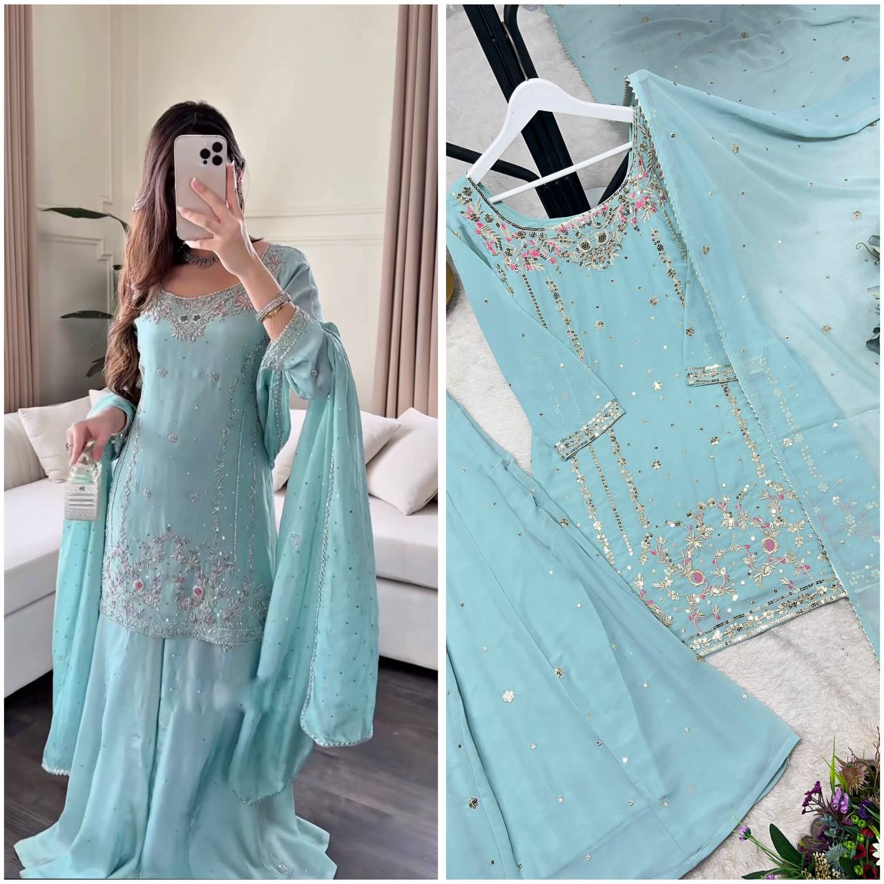 Stylish Faux Georgette Sequence Embroidered Work Kurti Top with Plazzo & Dupatta