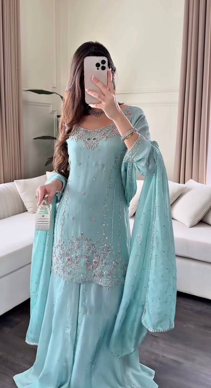 Stylish Faux Georgette Sequence Embroidered Work Kurti Top with Plazzo & Dupatta