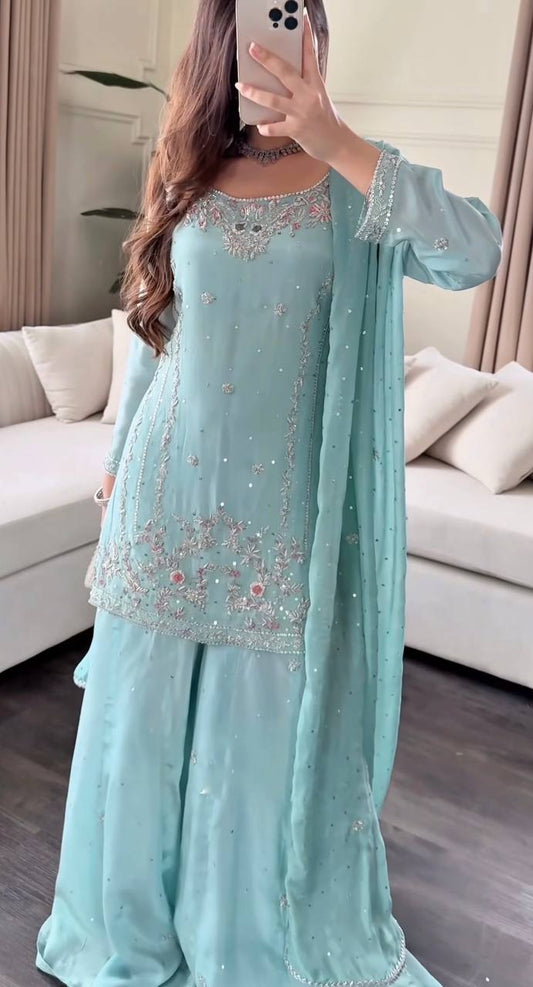 Stylish Faux Georgette Sequence Embroidered Work Kurti Top with Plazzo & Dupatta