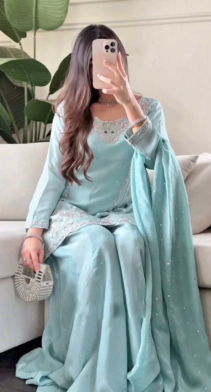 Stylish Faux Georgette Sequence Embroidered Work Kurti Top with Plazzo & Dupatta