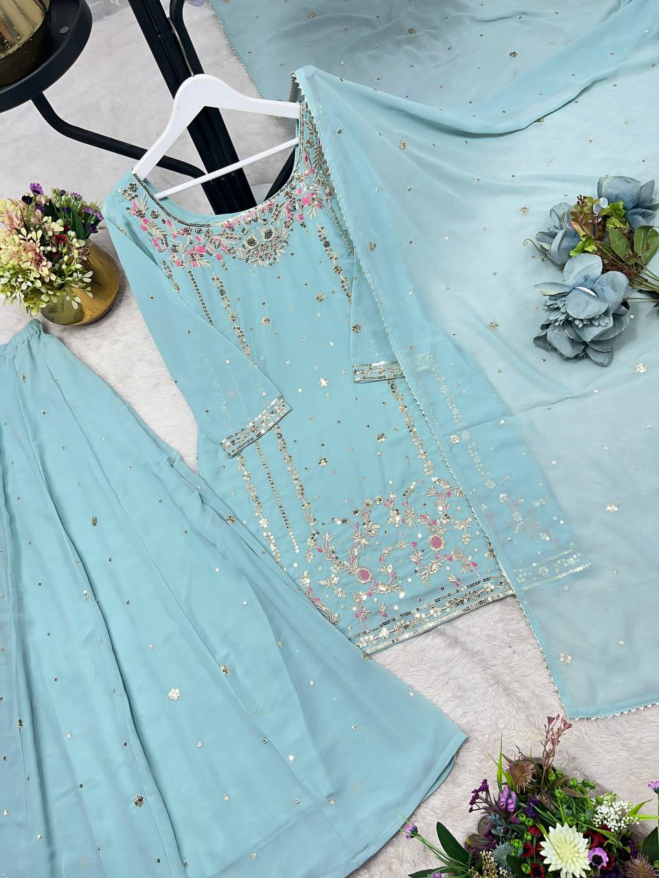 Stylish Faux Georgette Sequence Embroidered Work Kurti Top with Plazzo & Dupatta