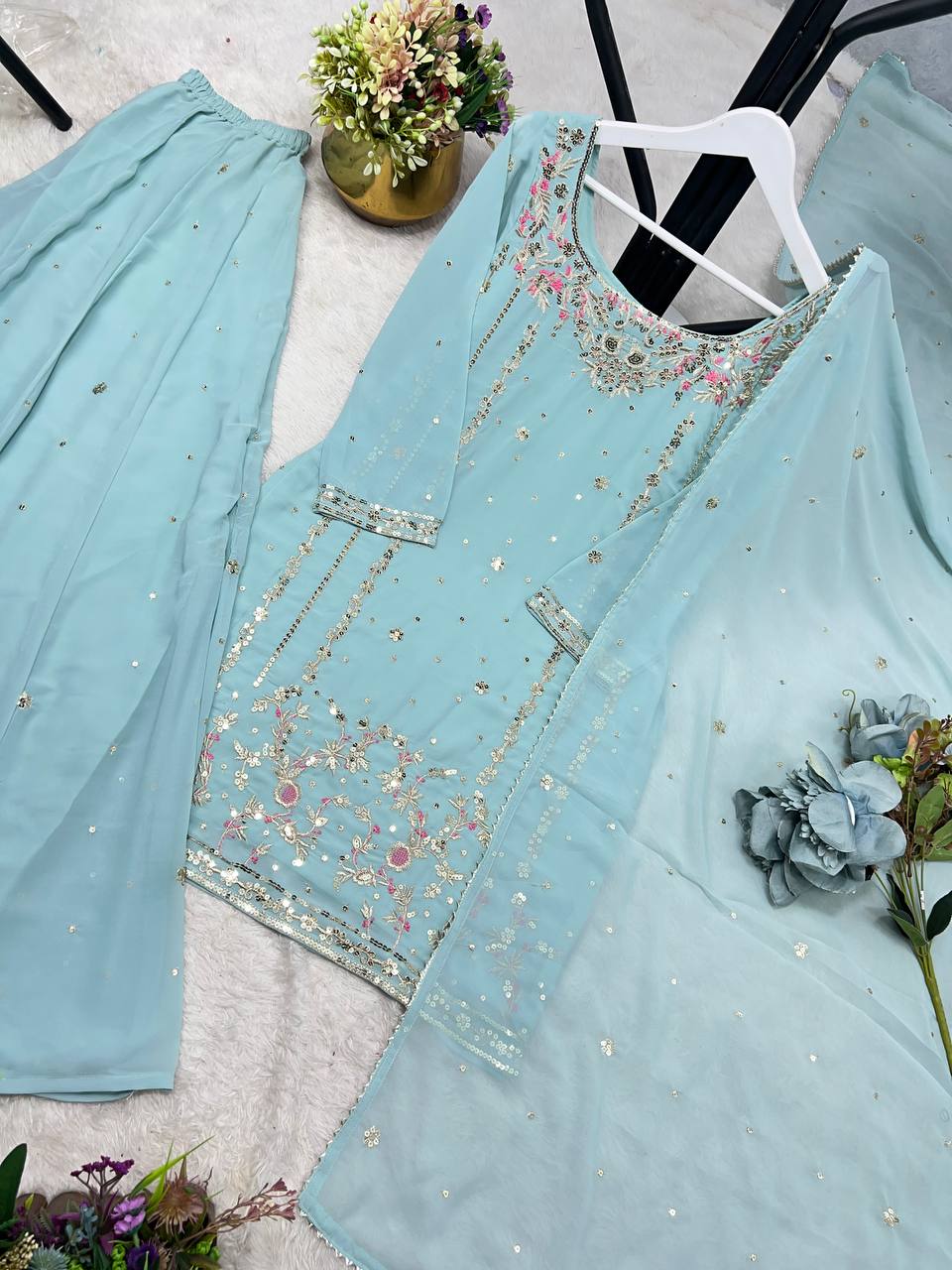 Stylish Faux Georgette Sequence Embroidered Work Kurti Top with Plazzo & Dupatta