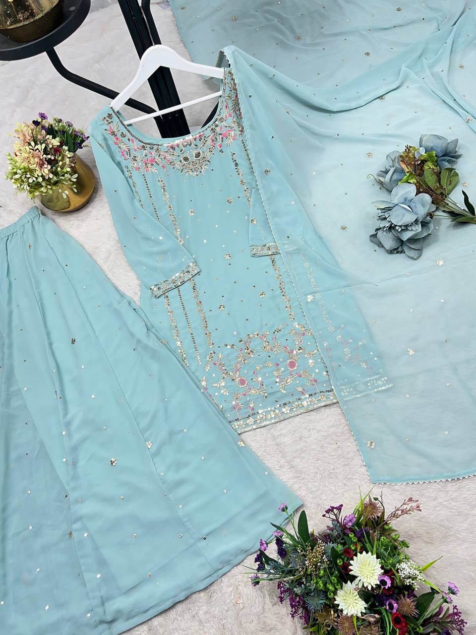 Stylish Faux Georgette Sequence Embroidered Work Kurti Top with Plazzo & Dupatta