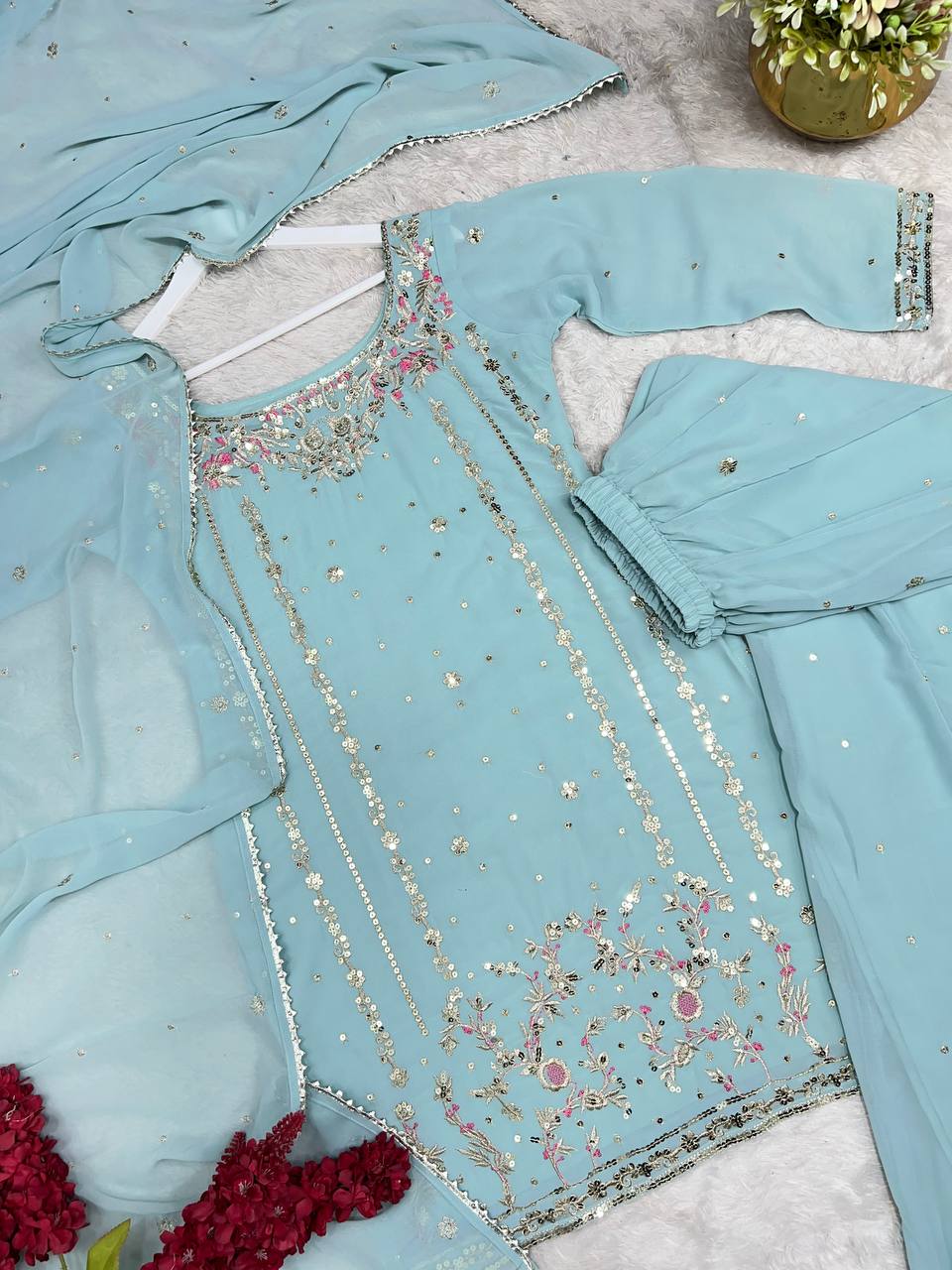 Stylish Faux Georgette Sequence Embroidered Work Kurti Top with Plazzo & Dupatta