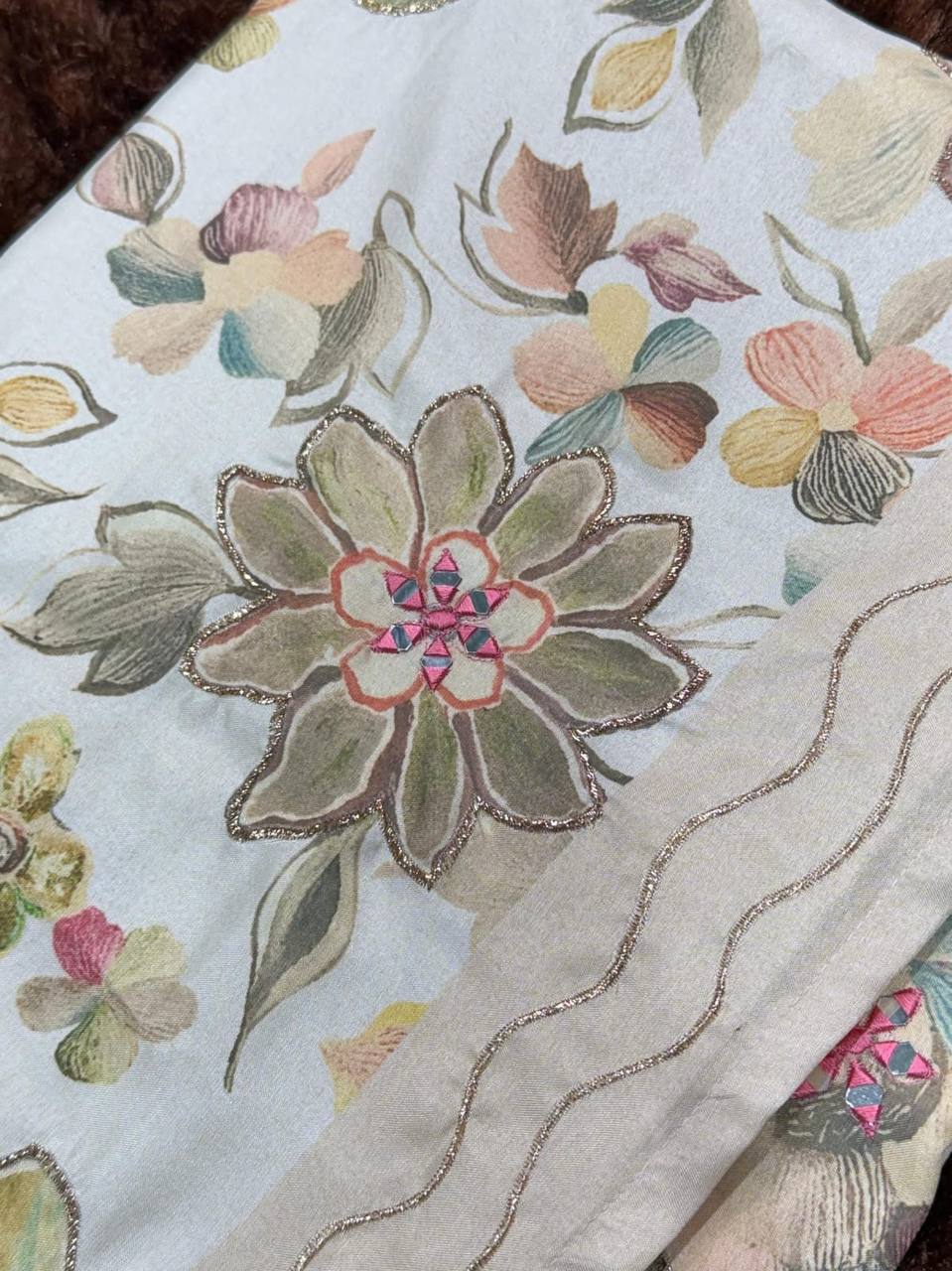 Designer Hand Mirror Work Zari Jacquard Border Tussar Cotton Printed Saree with Blouse