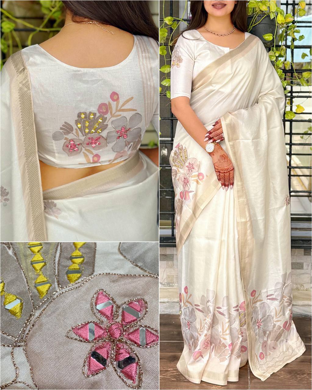 Designer Hand Mirror Work Zari Jacquard Border Tussar Cotton Printed Saree with Blouse