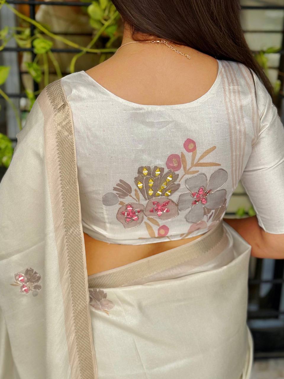 Designer Hand Mirror Work Zari Jacquard Border Tussar Cotton Printed Saree with Blouse