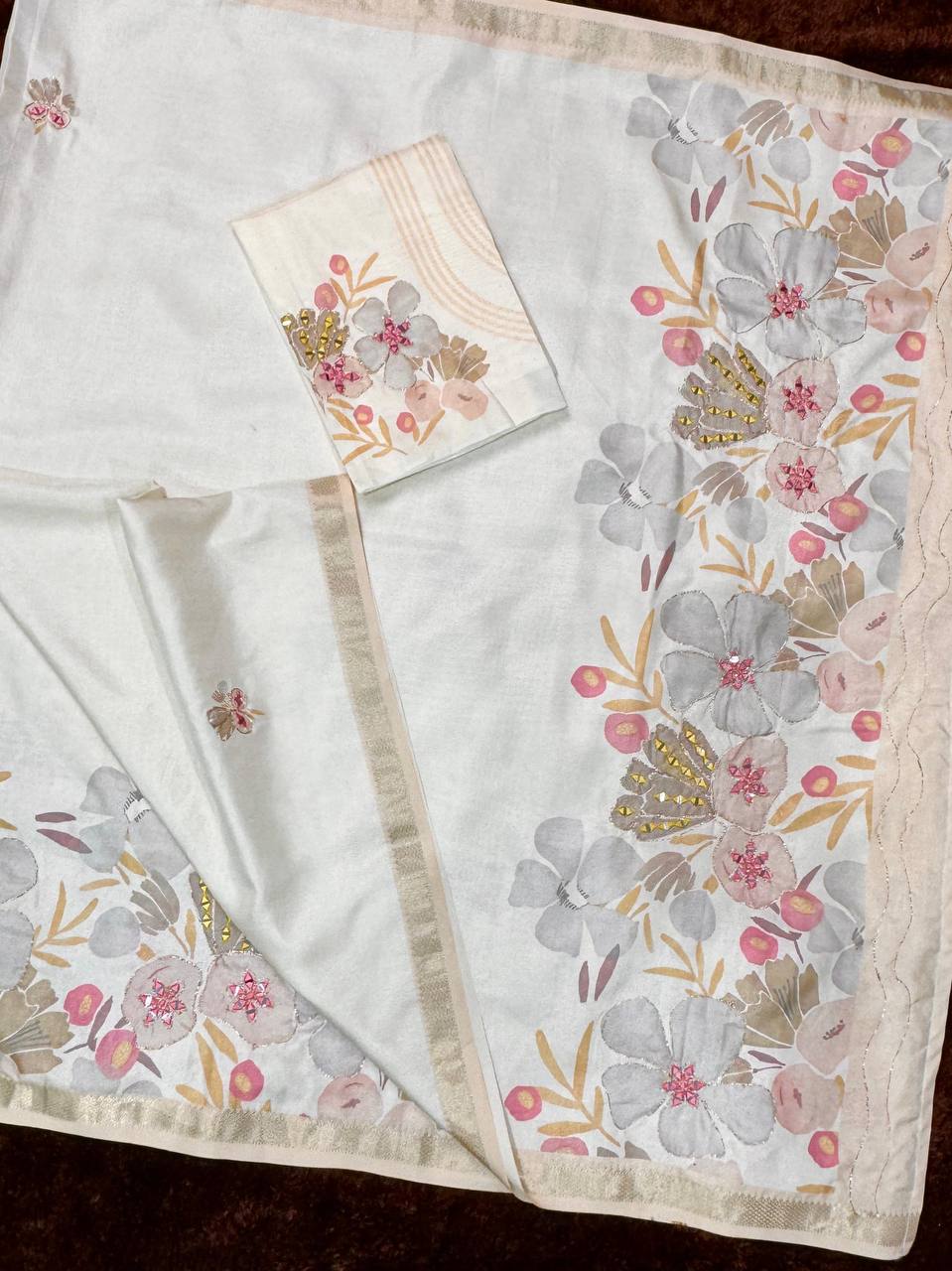 Designer Hand Mirror Work Zari Jacquard Border Tussar Cotton Printed Saree with Blouse