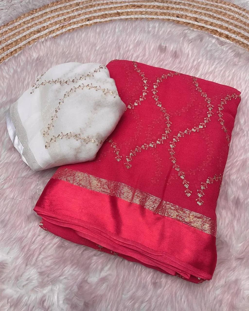 Elegant Wedding & Party Wear Pure Viscose Georgette Embroidered Satin Border Saree with Blouse