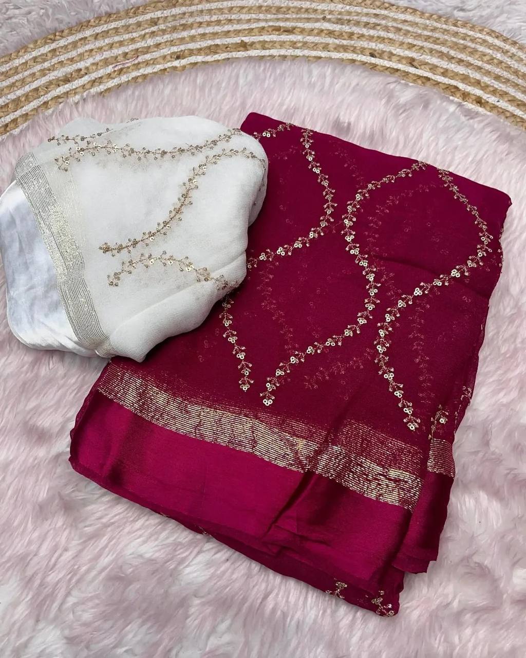 Elegant Wedding & Party Wear Pure Viscose Georgette Embroidered Satin Border Saree with Blouse