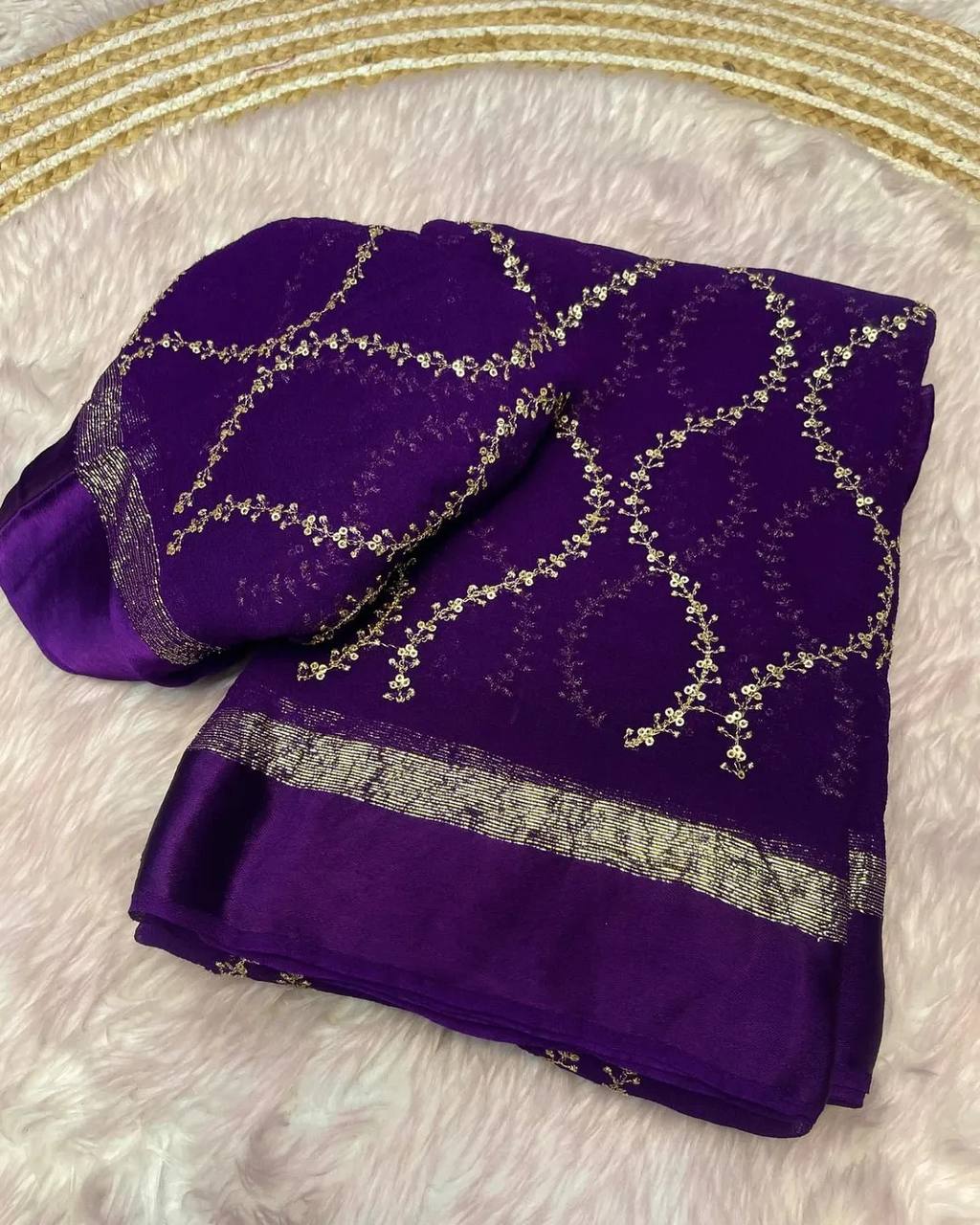 Elegant Wedding & Party Wear Pure Viscose Georgette Embroidered Satin Border Saree with Blouse