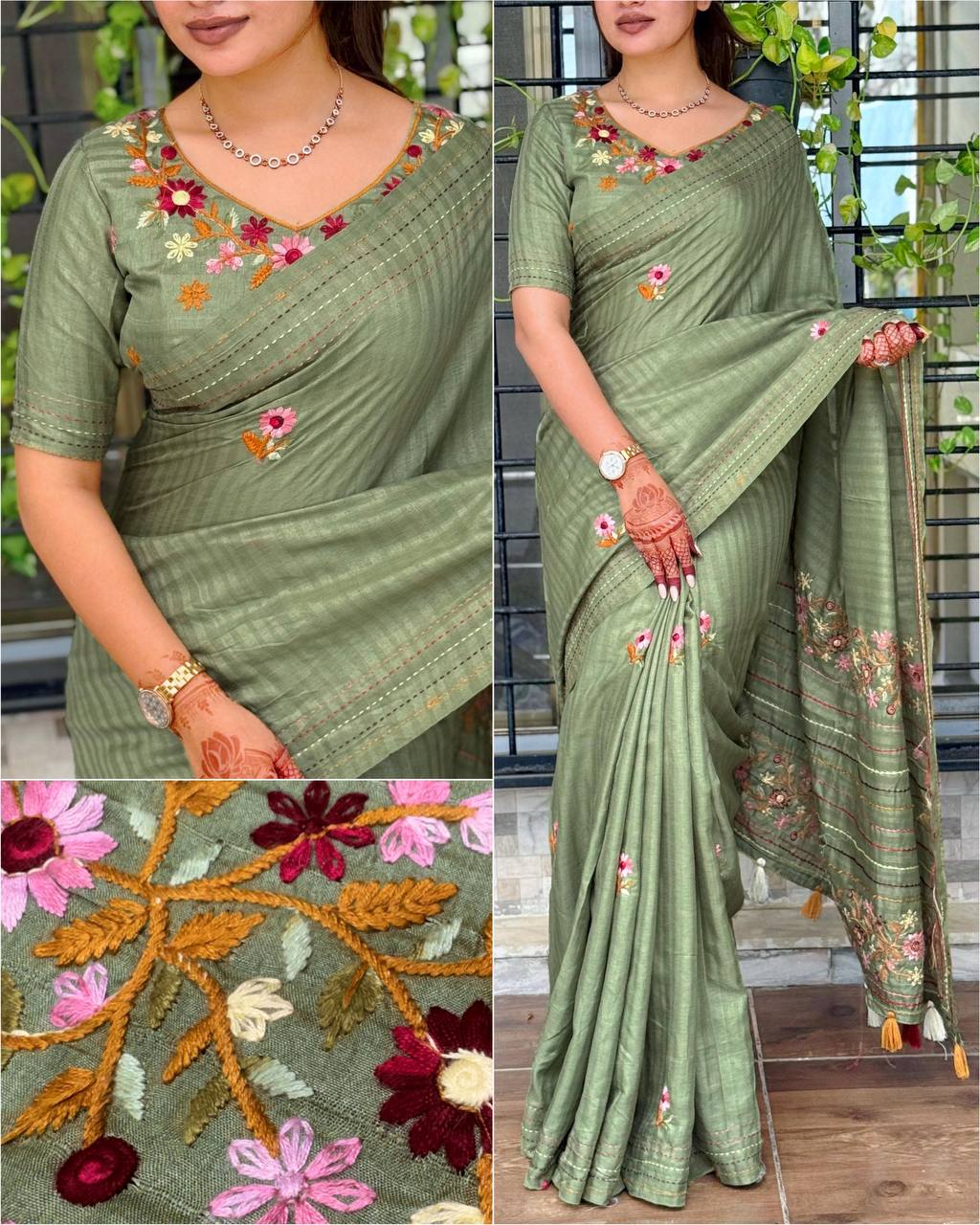 Elegant Kantha Work Border Tussar Cotton Kashmiri Embroidery Saree with Blouse