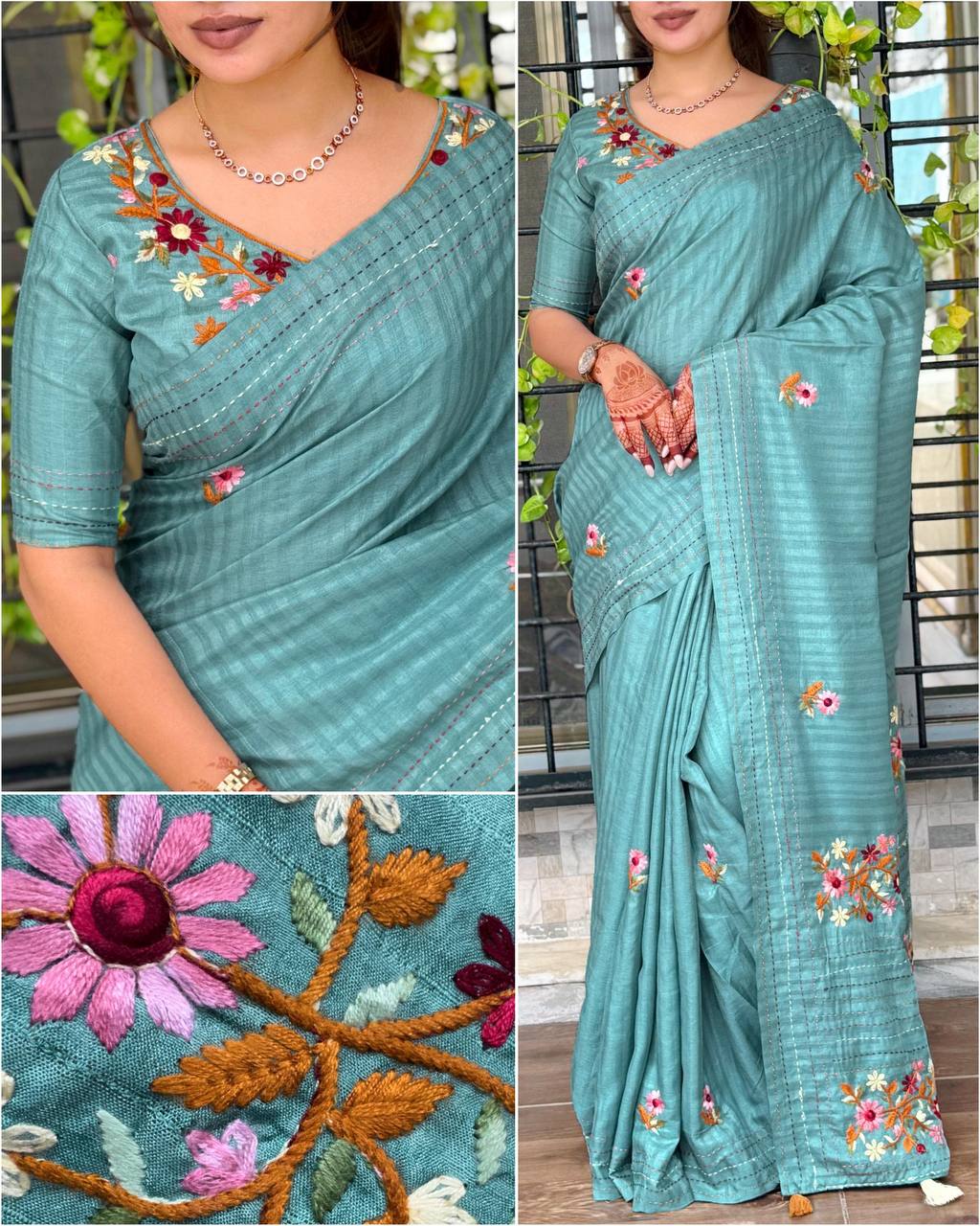 Elegant Kantha Work Border Tussar Cotton Kashmiri Embroidery Saree with Blouse