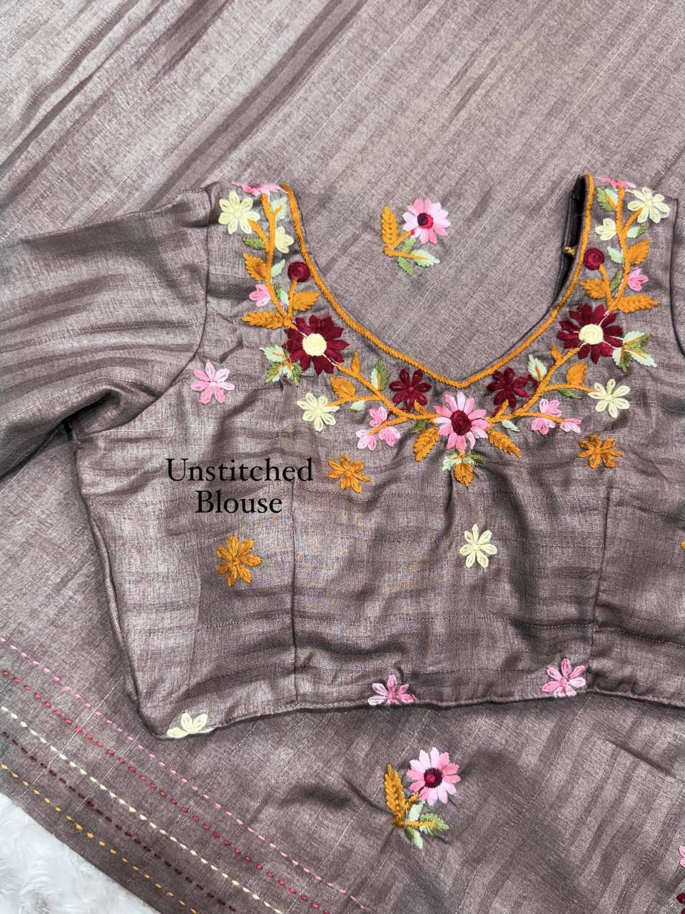 Elegant Kantha Work Border Tussar Cotton Kashmiri Embroidery Saree with Blouse