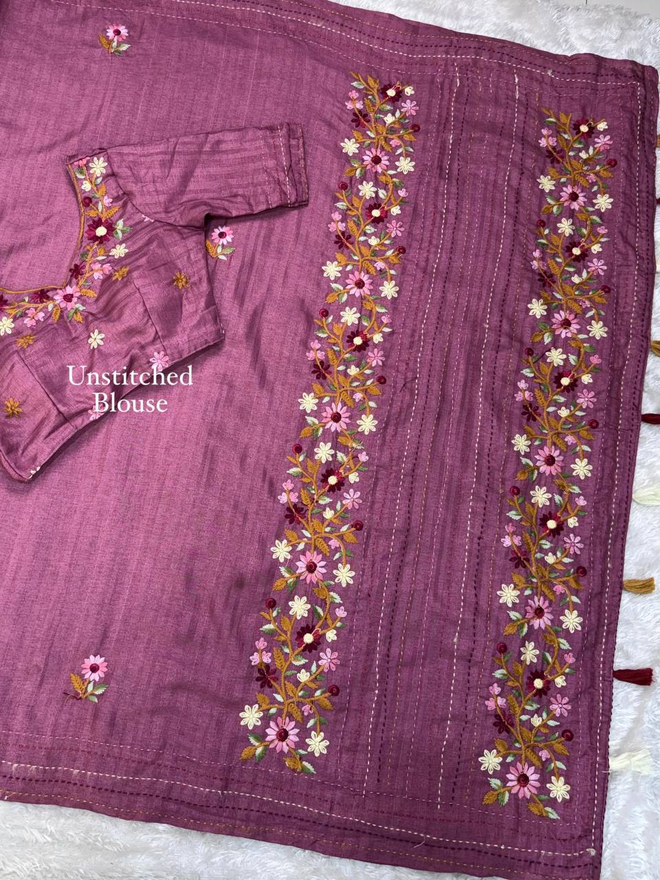 Elegant Kantha Work Border Tussar Cotton Kashmiri Embroidery Saree with Blouse