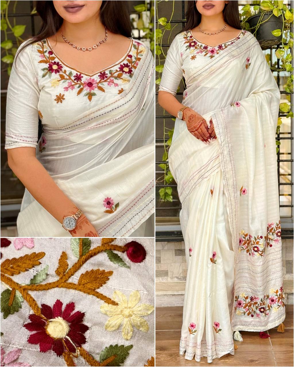 Elegant Kantha Work Border Tussar Cotton Kashmiri Embroidery Saree with Blouse