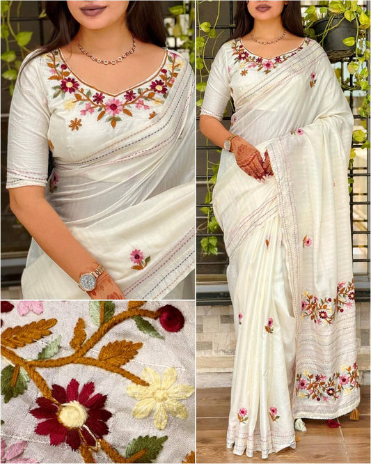 Elegant Kantha Work Border Tussar Cotton Kashmiri Embroidery Saree with Blouse