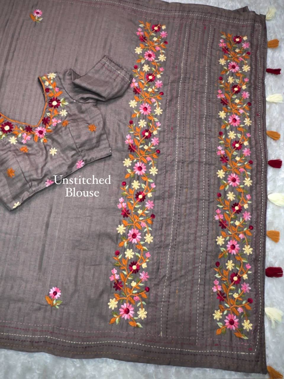Elegant Kantha Work Border Tussar Cotton Kashmiri Embroidery Saree with Blouse