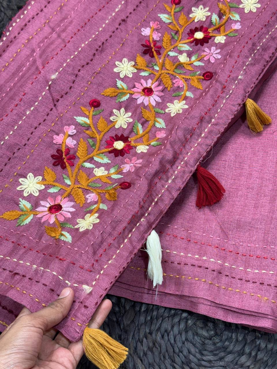 Elegant Kantha Work Border Tussar Cotton Kashmiri Embroidery Saree with Blouse