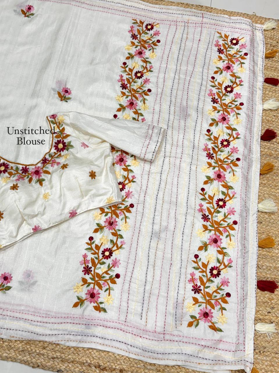 Elegant Kantha Work Border Tussar Cotton Kashmiri Embroidery Saree with Blouse