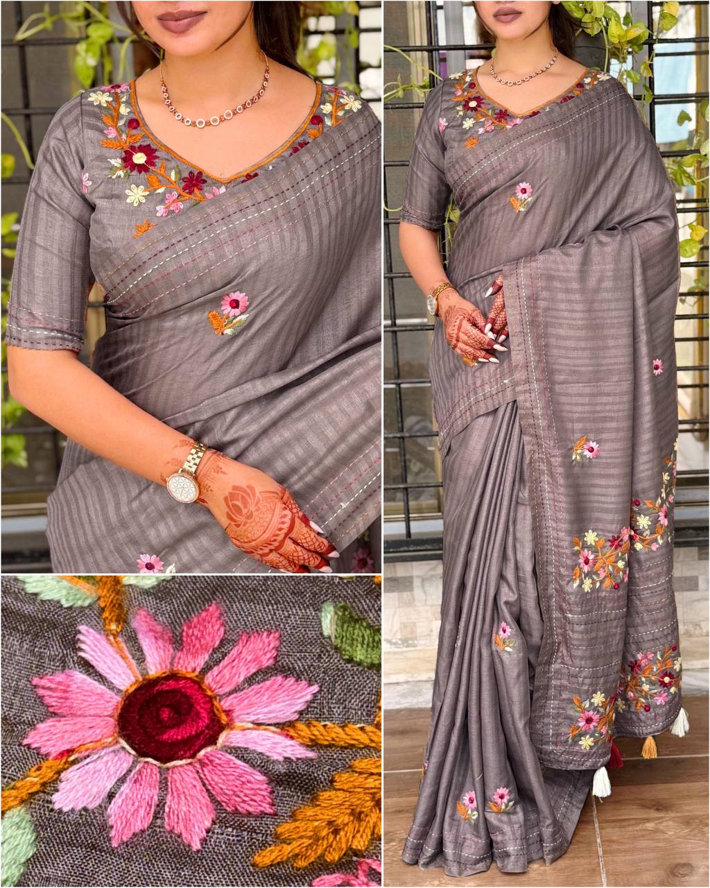 Elegant Kantha Work Border Tussar Cotton Kashmiri Embroidery Saree with Blouse