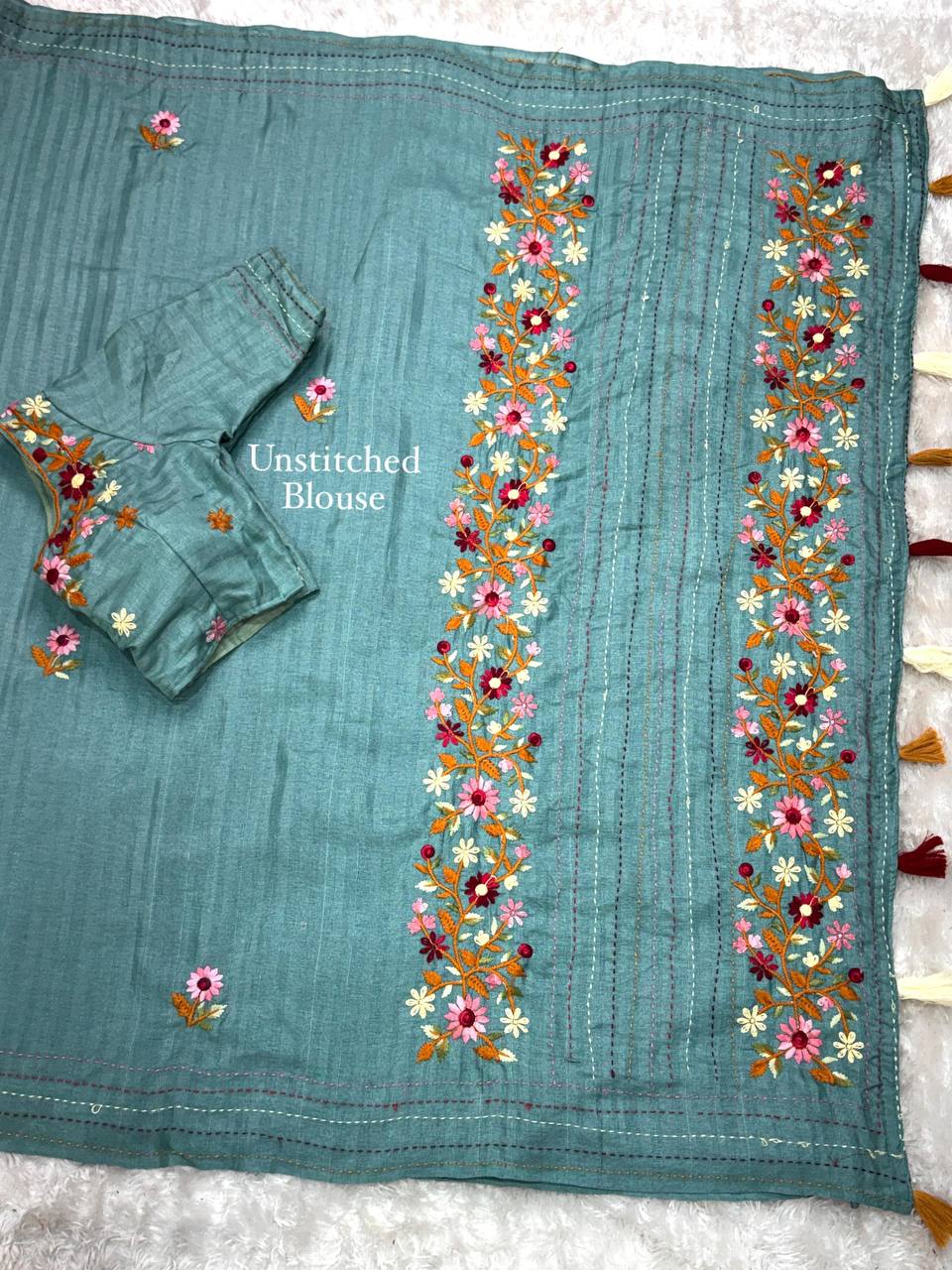 Elegant Kantha Work Border Tussar Cotton Kashmiri Embroidery Saree with Blouse