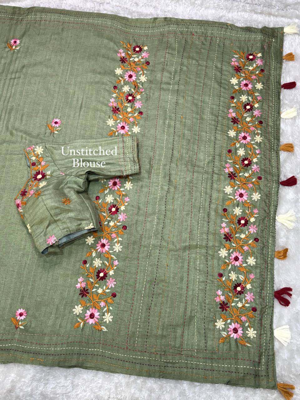 Elegant Kantha Work Border Tussar Cotton Kashmiri Embroidery Saree with Blouse