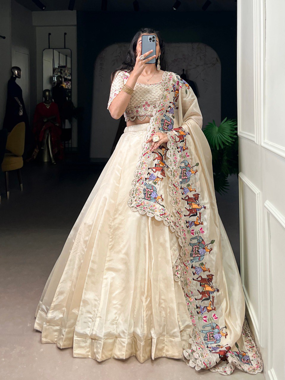 Off White Raspberry Dupion Silk Lehenga Choli Set