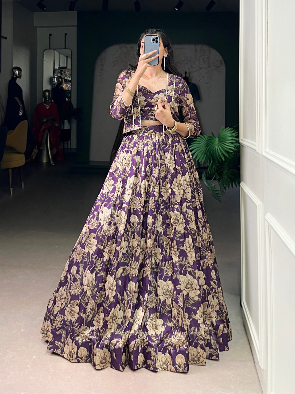 Elegant Floral Print Tussar Silk Co-ord Set Lehenga Choli with Jacket