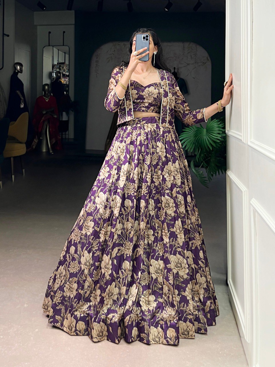 Elegant Floral Print Tussar Silk Co-ord Set Lehenga Choli with Jacket