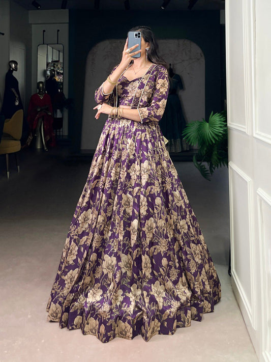 Elegant Floral Print Tussar Silk Co-ord Set Lehenga Choli with Jacket