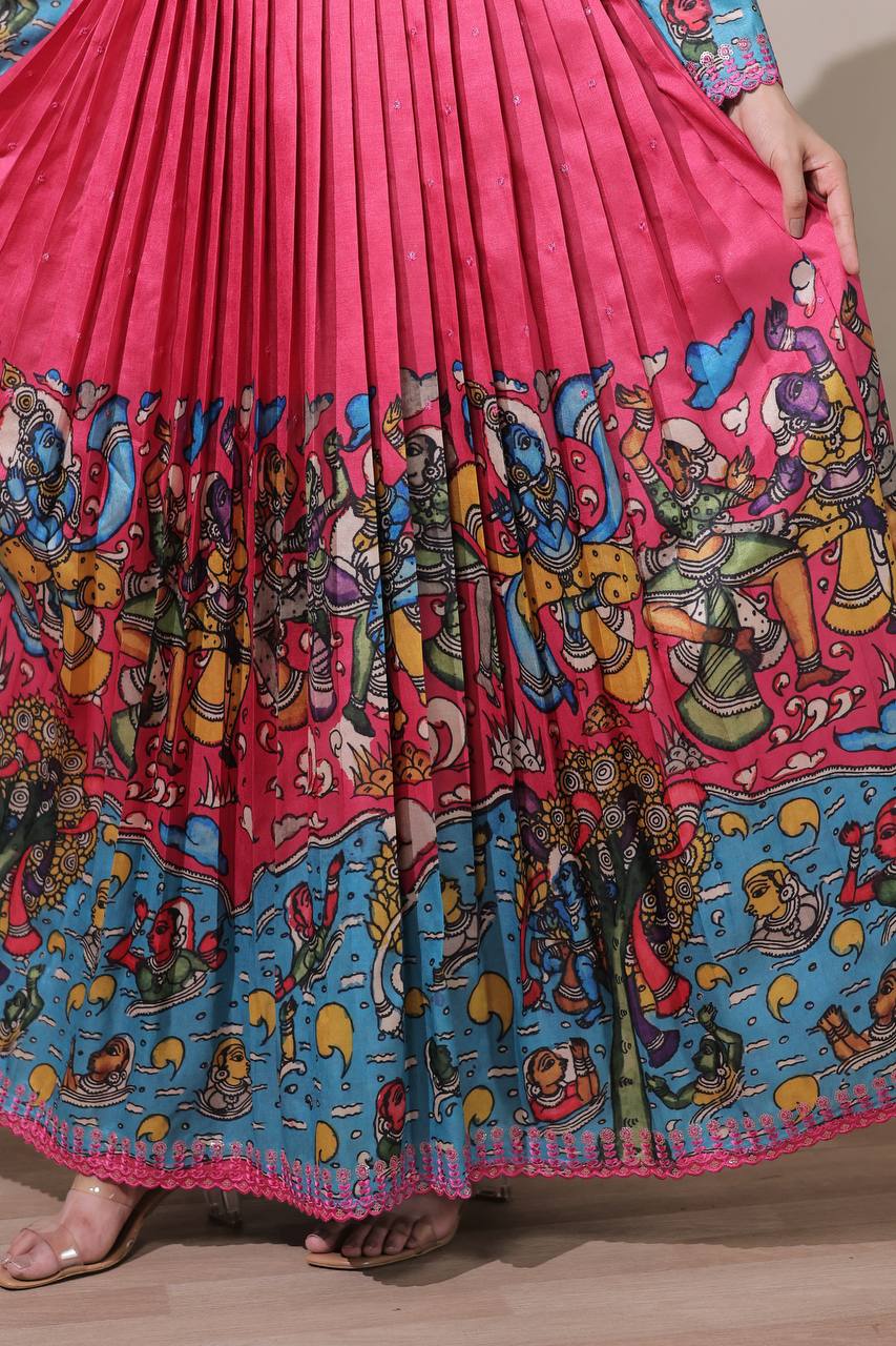 Pen Kalamkari Animal Motifs & Exquisite Embroidery Work Tussar Silk Flared Gown