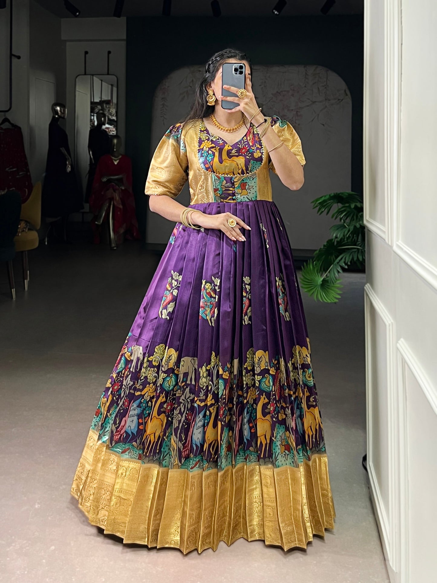 Elegant Dola Silk Pichwai Print Gown