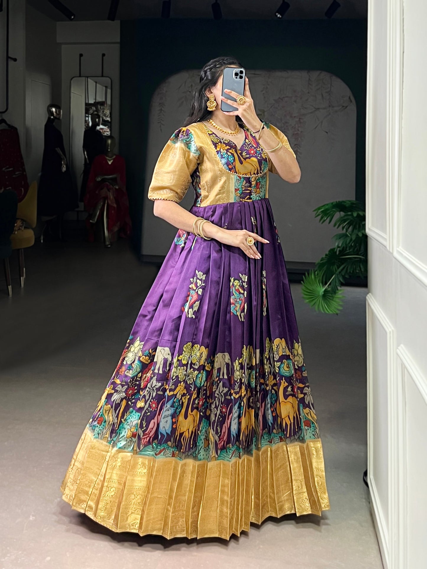 Elegant Dola Silk Pichwai Print Gown