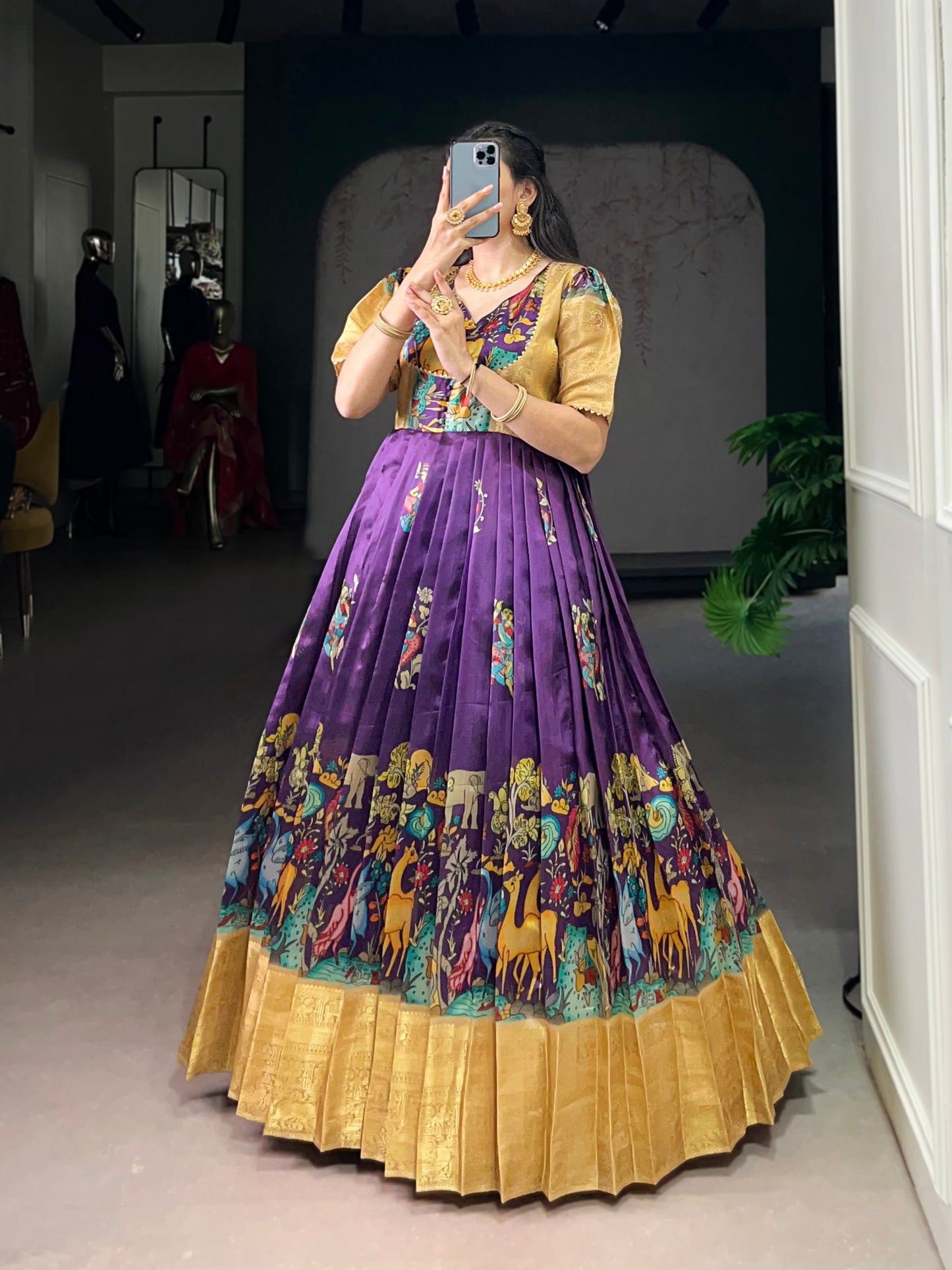 Elegant Dola Silk Pichwai Print Gown