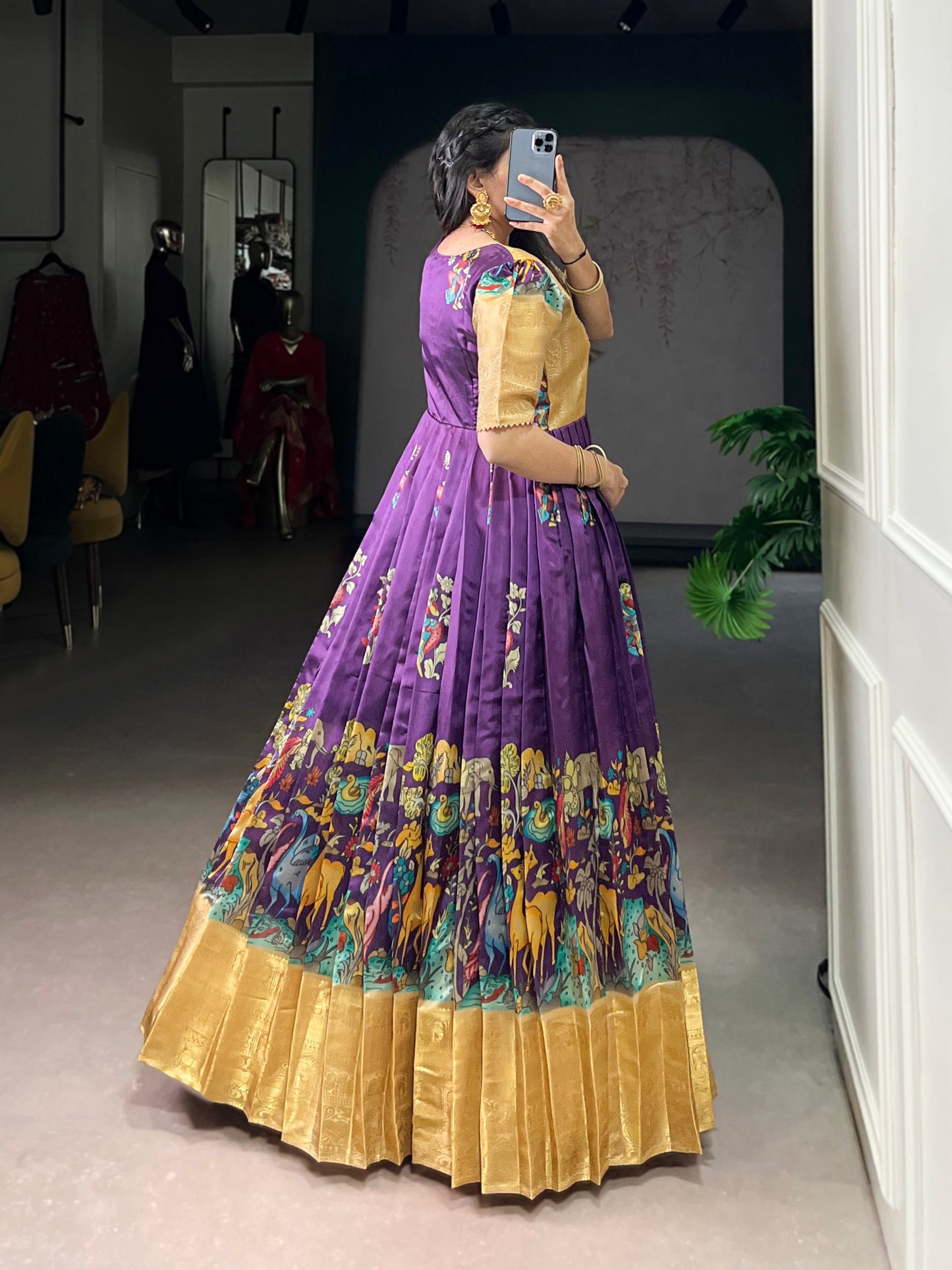 Elegant Dola Silk Pichwai Print Gown