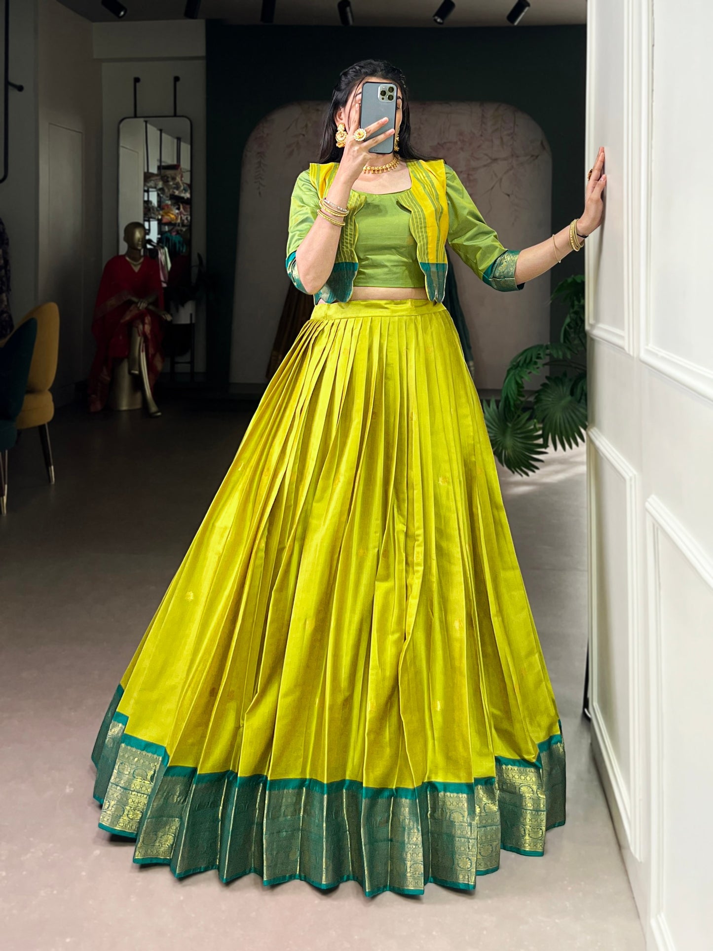 Elegant Poly Cotton Co-ord Set Zari Weaving Work Lehenga,Choli & Koti