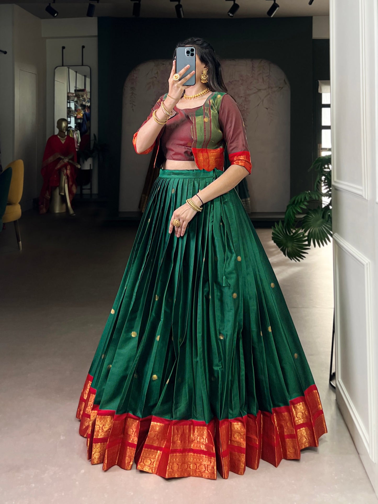 Elegant Poly Cotton Co-ord Set Zari Weaving Work Lehenga,Choli & Koti