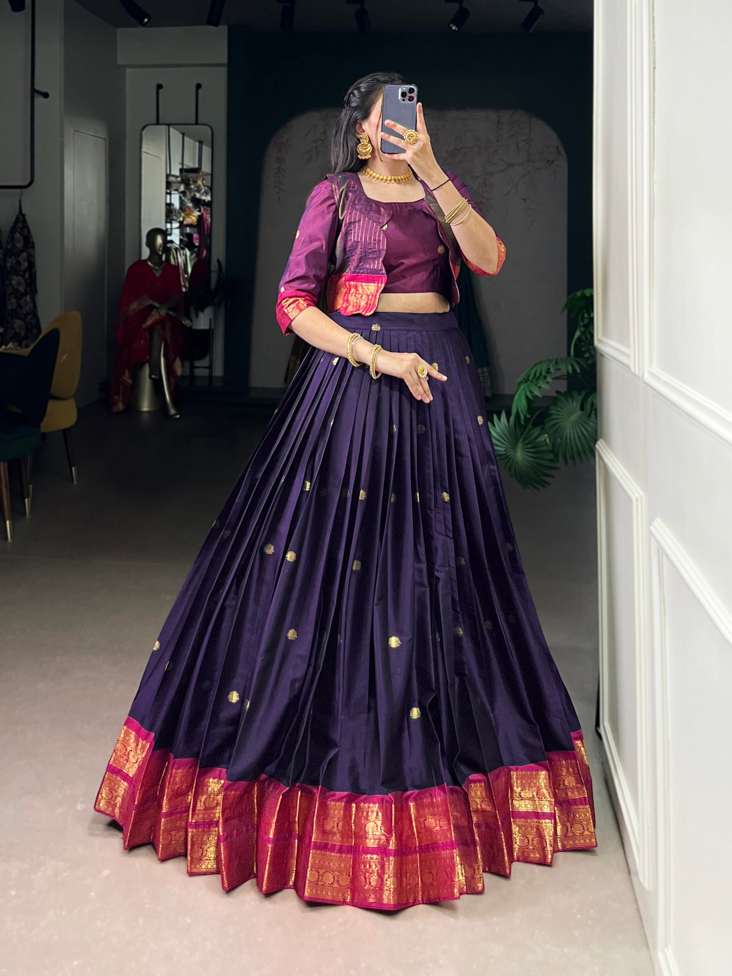 Elegant Poly Cotton Co-ord Set Zari Weaving Work Lehenga,Choli & Koti