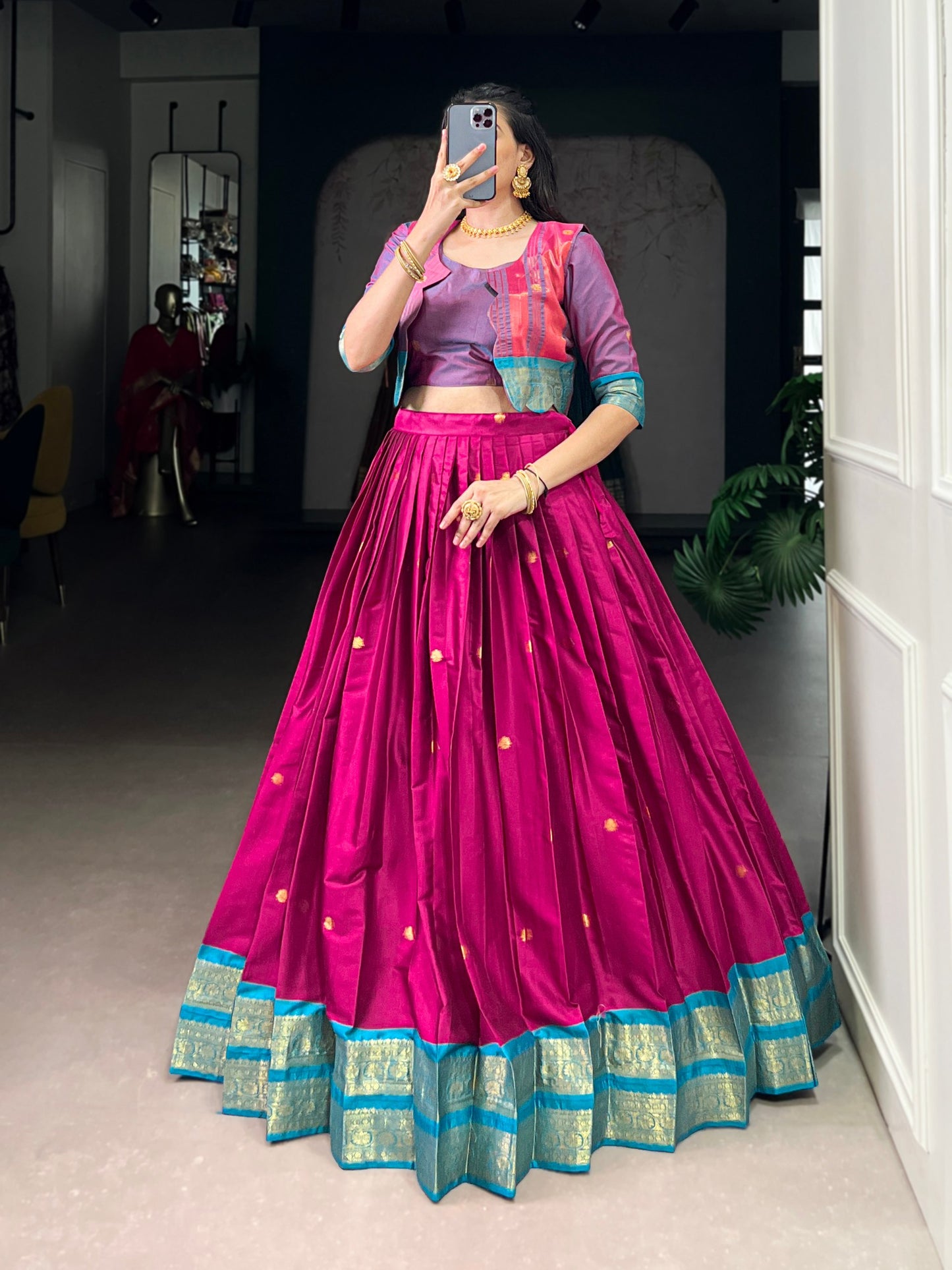 Elegant Poly Cotton Co-ord Set Zari Weaving Work Lehenga,Choli & Koti