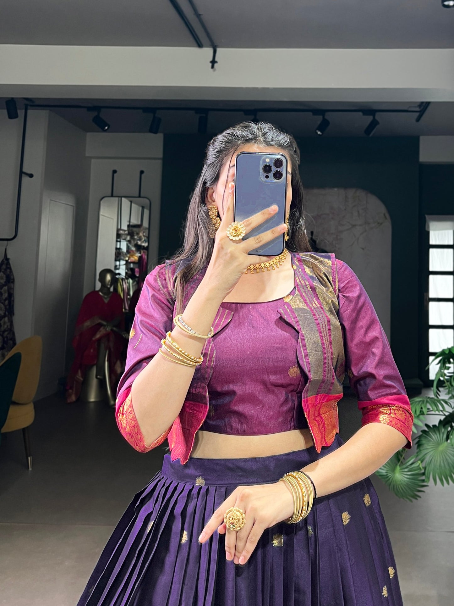 Elegant Poly Cotton Co-ord Set Zari Weaving Work Lehenga,Choli & Koti