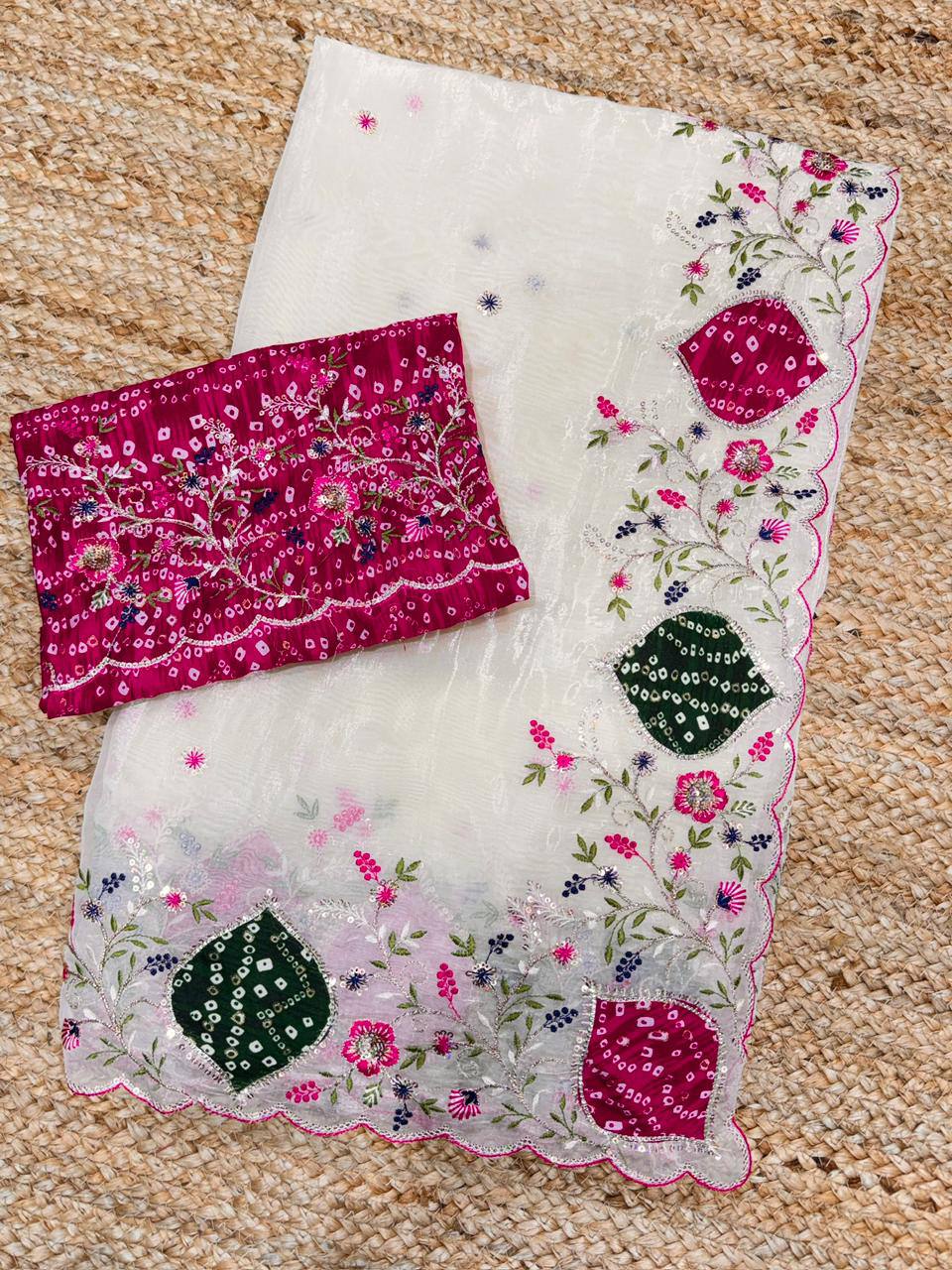 Zari Embroidery & Hand Applique Work Crystal Tissue Silk Saree with Bandhej Cotton Blouse