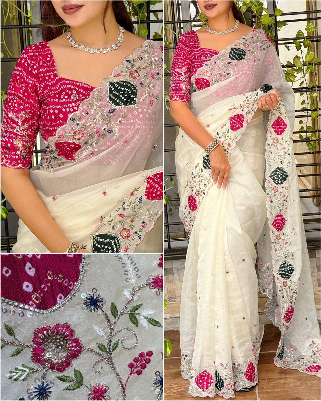 Zari Embroidery & Hand Applique Work Crystal Tissue Silk Saree with Bandhej Cotton Blouse