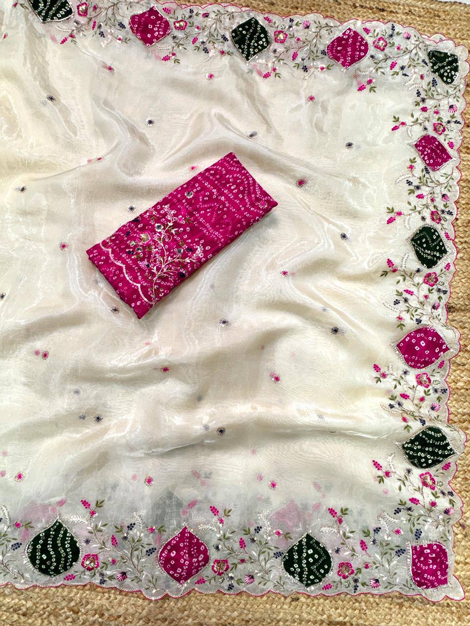 Zari Embroidery & Hand Applique Work Crystal Tissue Silk Saree with Bandhej Cotton Blouse