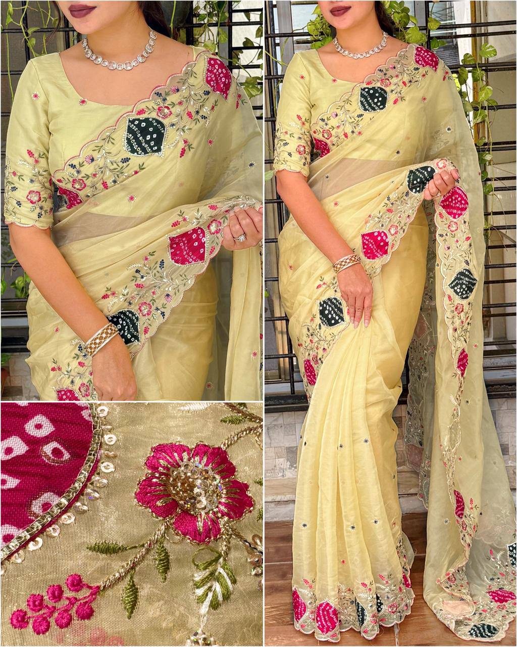Zari Embroidery & Hand Applique Work Pastel Crystal Tissue Saree With Bandhej Blouse