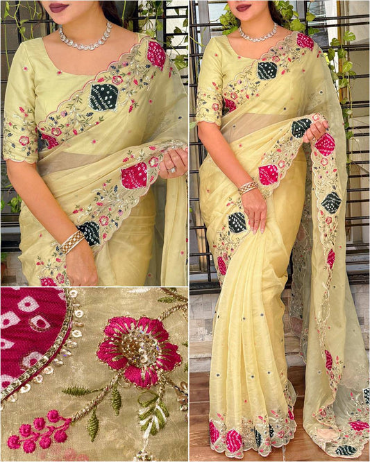 Zari Embroidery & Hand Applique Work Pastel Crystal Tissue Saree With Bandhej Blouse