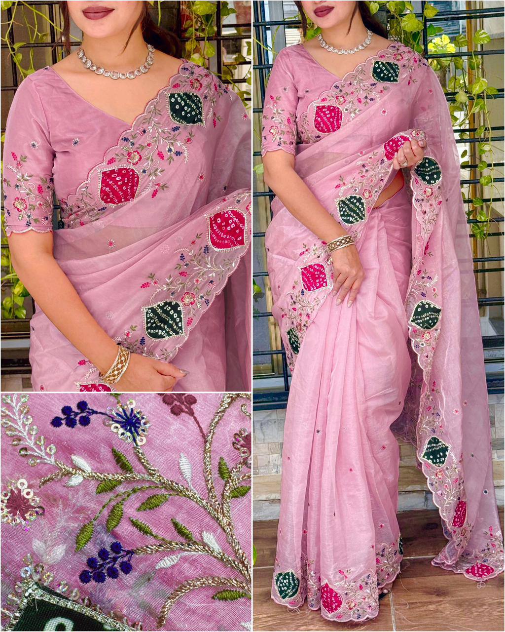 Zari Embroidery & Hand Applique Work Pastel Crystal Tissue Saree With Bandhej Blouse